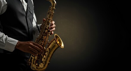 Fototapeta premium Elegant saxophone player in suit performs jazz music at concert golden instrument close up