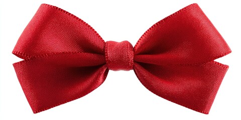 A vibrant red satin ribbon bow, centered on a white background. The bow is symmetrical, with smooth satin surfaces and stitched edges