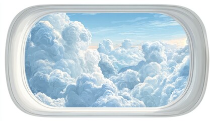 Oval window view of fluffy clouds.  A detailed digital illustration shows a large oval window, through which a vibrant sky full of puffy cumulus clouds is visible.  