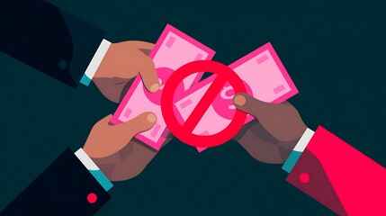 Conceptual Illustration of Handshake with Money and Prohibition Sign in Dark Background