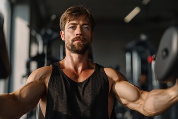 Young man focused on strength training while exercising with dumbbells in a modern gym during the day