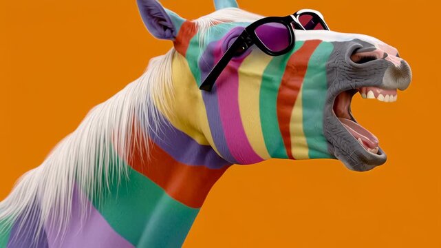 Colorful striped horse wearing stylish sunglasses, showcasing vibrant patterns and playful expression against a bright orange background, capturing a whimsical and lively moment in a fun visual narrat