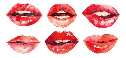 Watercolor illustration of six female lips with varying expressions, glossy red color