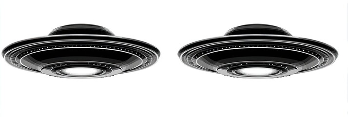 Two black UFOs against a white background