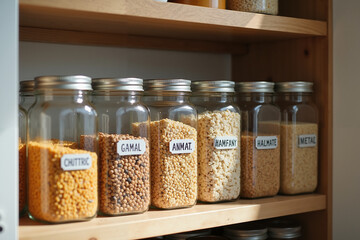 Glass jars filled with various grains arranged on wooden shelf  