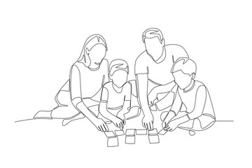 Family playing games. Family game night concept one-line drawing