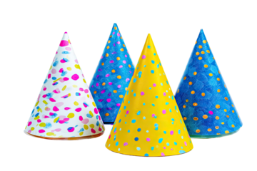 Party hats, cone shapes, colorful patterns