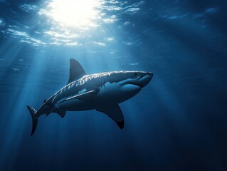 Fototapeta premium A great white shark patrolling the ocean depths, its silhouette barely visible in the shadows