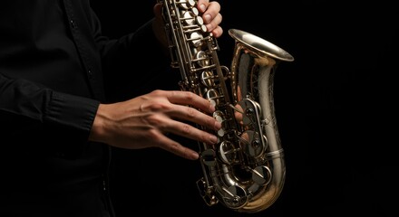 Obraz premium Saxophone in musician hands close up on black background jazz instrument music performance entertainment skill