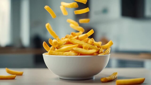 A bowl of crispy french fries and several pieces in mid air on the table at kitchen room on background. French Fries. Fast food, Junk food concept	