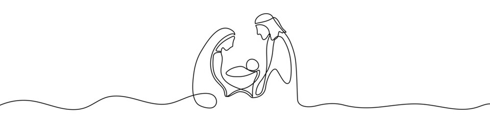 Fototapeta na wymiar A Christmas nativity scene with Mary, Joseph, and baby Jesus. Continuous line drawing. Vector illustration.