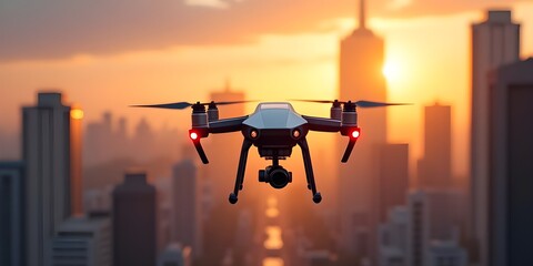 Drone with red lights over city sunset