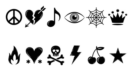 Collection of Black and White Icons: Peace, Heart, Music, Eye, Web, Crown, Fire, Skull, Lightning, Cherries, Star