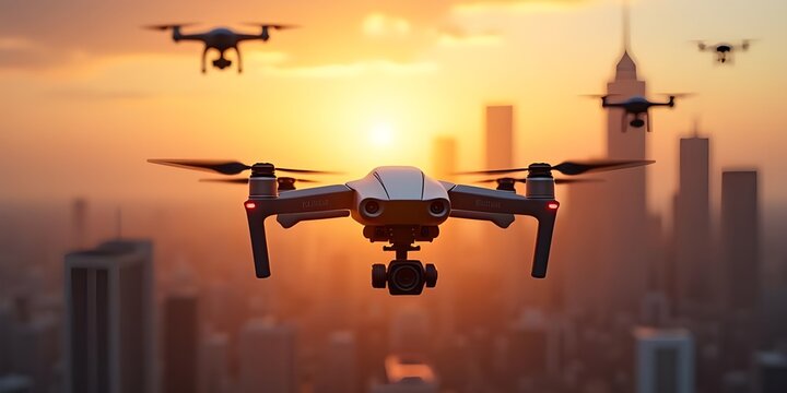 Drone formation over city at sunset