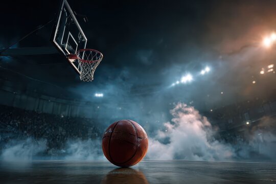 Basketball sport promotion card showcasing a dynamic court environment with a basketball and hoop highlighted amidst dramatic lighting and fog effects