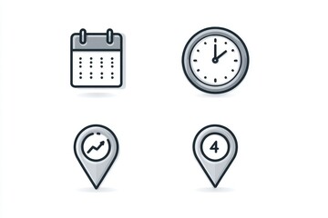 Simple icons of a calendar, clock, location pin with growth, and location pin with number