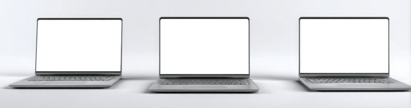 Three light gray laptops with blank screens