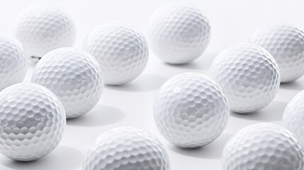 golf. A close-up arrangement of golf balls on a white background, showcasing minimalist sports aesthetics. event key visuals, club posters, designed for sports event promotions and stadium branding.