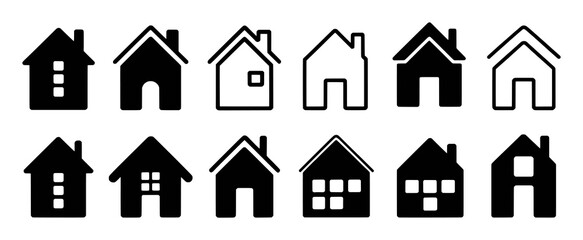 Collection of Diverse House Icons: Black and White Building Symbols