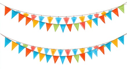 Two rows of colorful triangular flags strung on a light brown rope against a white background. Each flag is a vibrant color, with a variety of shades of red, orange, yellow, green, blue, and pink.