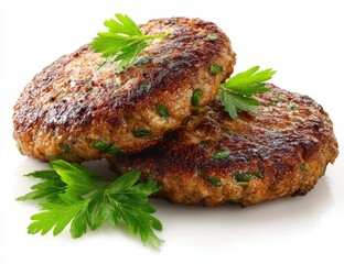 Two cooked meat patties, browned and topped with fresh parsley, on a white background