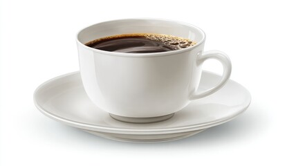 A white ceramic cup of dark coffee sits on a matching saucer, against a plain white background.  The coffee is full, with visible bubbles and a rich color.