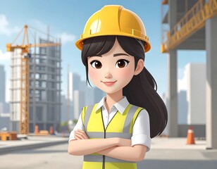Cartoon female engineer in a construction site