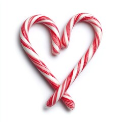 Two red and white candy canes shaped as a heart, viewed from above on a white background