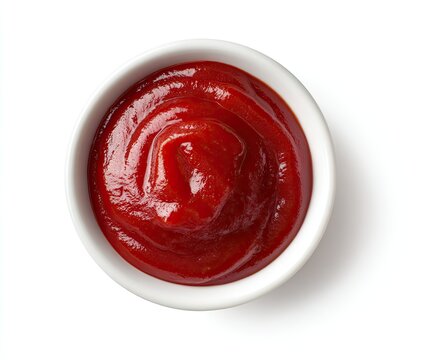 Red ketchup in small white bowl, top view (1)
