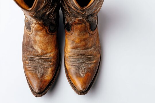 Top-down view of a pair of worn, brown leather cowboy boots.  The boots have intricate tooling and are pointed-toe