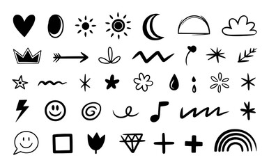 Collection of Hand-Drawn Black Icons: Hearts, Stars, Sun, Moon, and More