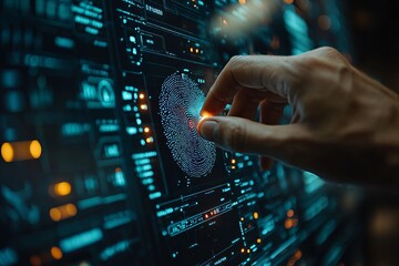 Modern businessman using biometric scan and digital confirmation on electronic contract screen representing secure access and approval process