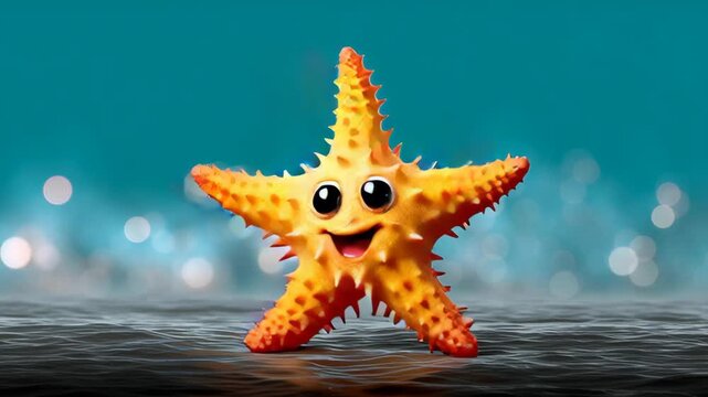 Animated starfish character joyfully expressing emotions, showcasing vibrant colors and playful features, set against a shimmering ocean backdrop, capturing the essence of underwater happiness and cha