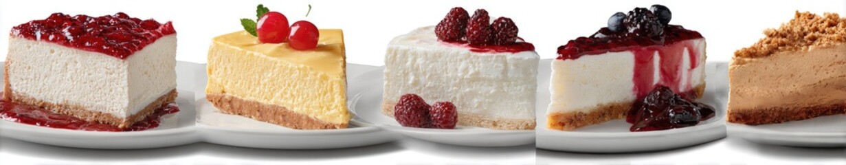 Four slices of cheesecake, each with a different topping (1)