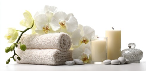 Spa still life featuring white orchids, rolled towels, candles, and stones