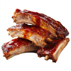 Stack of BBQ ribs, glistening with a rich red sauce,  crispy and flavorful