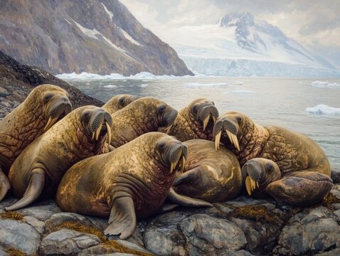 A group of walruses congregating on a rocky shoreline, their massive bodies creating a sense of community and warmth