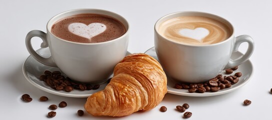 Two cups of coffee with latte art, and a croissant