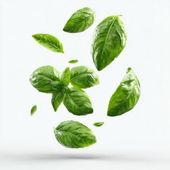 Fresh basil leaves in mid-air against a plain white background