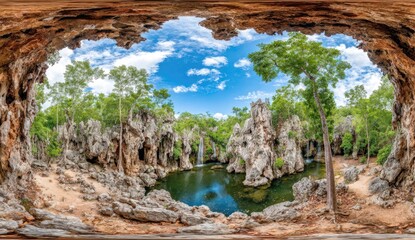 Cave opening on a tropical waterfall scene