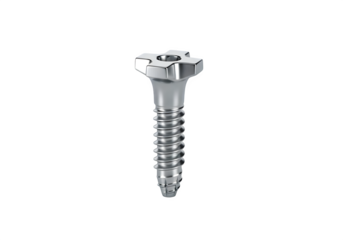 Closeup of a shiny metal screw with a unique head design, isolated on transparent background, showcasing its intricate threading and precise engineering