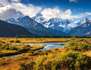 Fototapeta premium Majestic alpine valley panorama under a vibrant sky