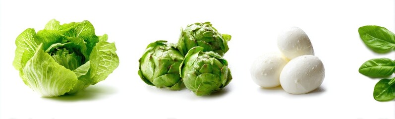 Fresh, whole head of lettuce, artichokes, mozzarella balls, and basil leaves arranged on a white background