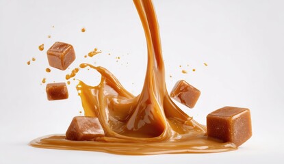 Caramel sauce and squares in a splash