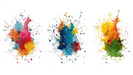 Colorful paint splatters on white background. Three vibrant paint splatter patterns, each in a different color combination, against a plain white backdrop.  