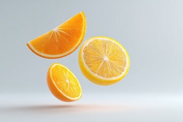 Citrus slices in mid-air.  Fresh orange and lemon segments levitate against a neutral backdrop.  Bright, vibrant colors.  3D render