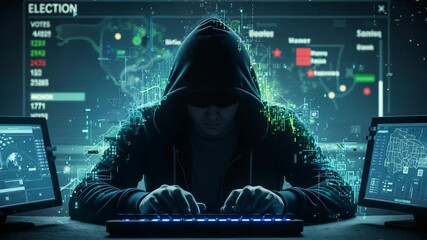 Hooded figure engaged in intense data analysis at dual monitors, surrounded by digital graphics, illustrating the dynamic process of cybersecurity and information manipulation - Powered by Adobe