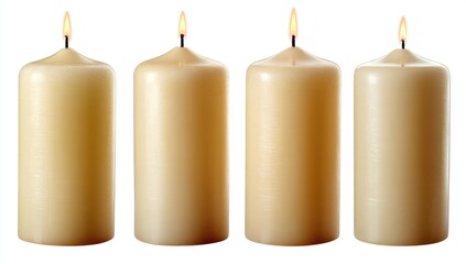 Four pillar candles in cream/beige color, lit, isolated on white