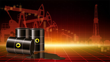 Oil barrels on abstract industrial red background. Crude oil production and refining industry. Pumpjack. Drilling rig, derrick in dark abstract desert background. Copy paste, place for text. Vector