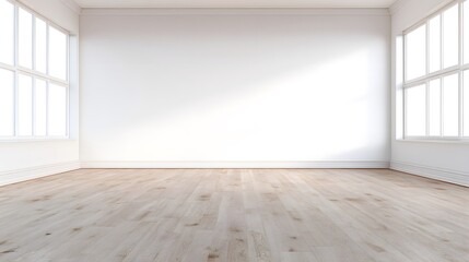 Minimalist living room featuring white walls and wooden floors, bathed in natural ambient light for a clean aesthetic.
